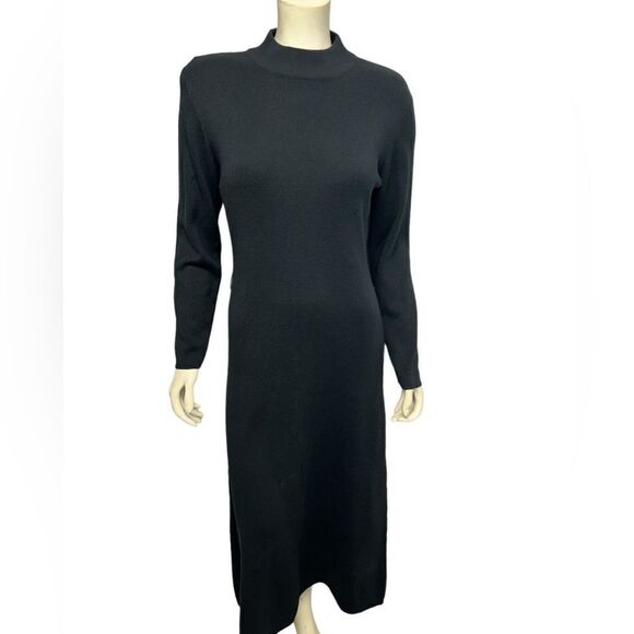 Vintage Wool Blend Long Sleeve Black Midi Dress Winter Ankle Length Funeral - Picture 1 of 6